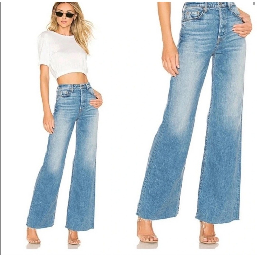 GRLFRND Carla High Rise Wide Leg Jeans #38 Gonna Fly Now Raw Hem Distressed 27